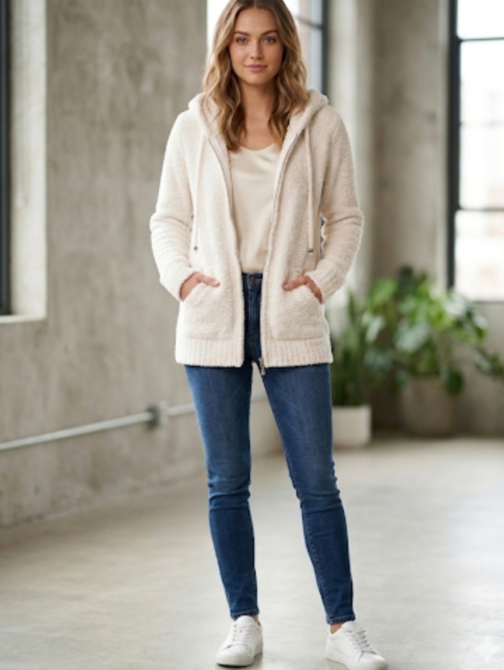 POL Cream Sherpa Zip Up Hoodie Jacket Size Medium
